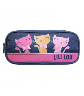 Trousse scolaire rectangulaire Lili Lou 3 chats Bleu